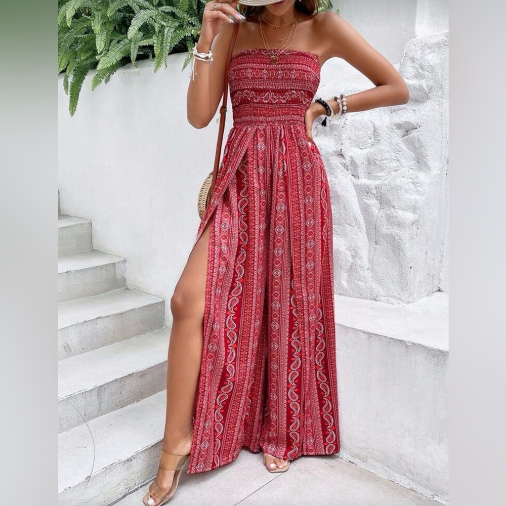 Patterned Red Strapless Maxi Romper Medium